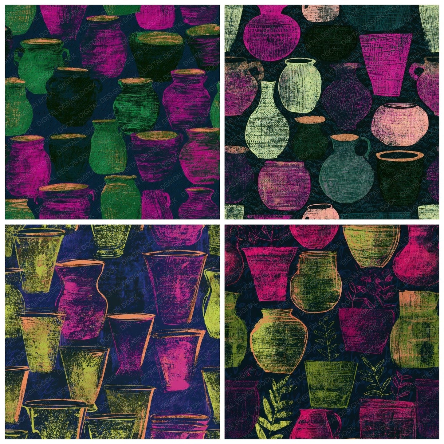 Folk Art Terracotta Pots Neon Magenta Digital Paper Pack (DDD013069)