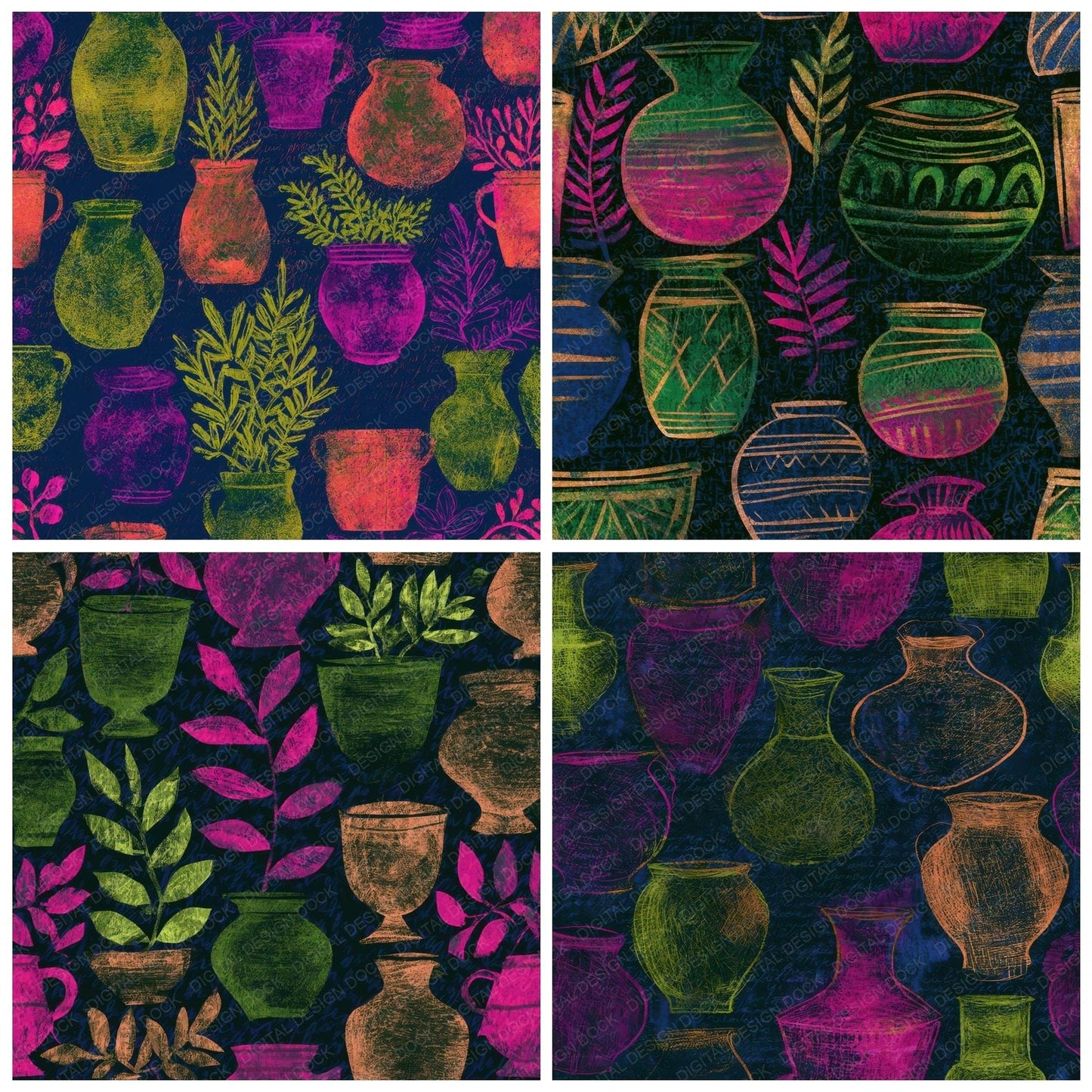 Folk Art Terracotta Pots Neon Magenta Digital Paper Pack (DDD013069)