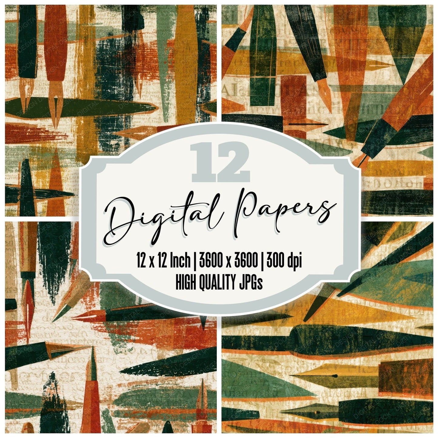 Mid Century Calligraphy Pens Tobacco Sage Digital Paper Pack (DDD013078)