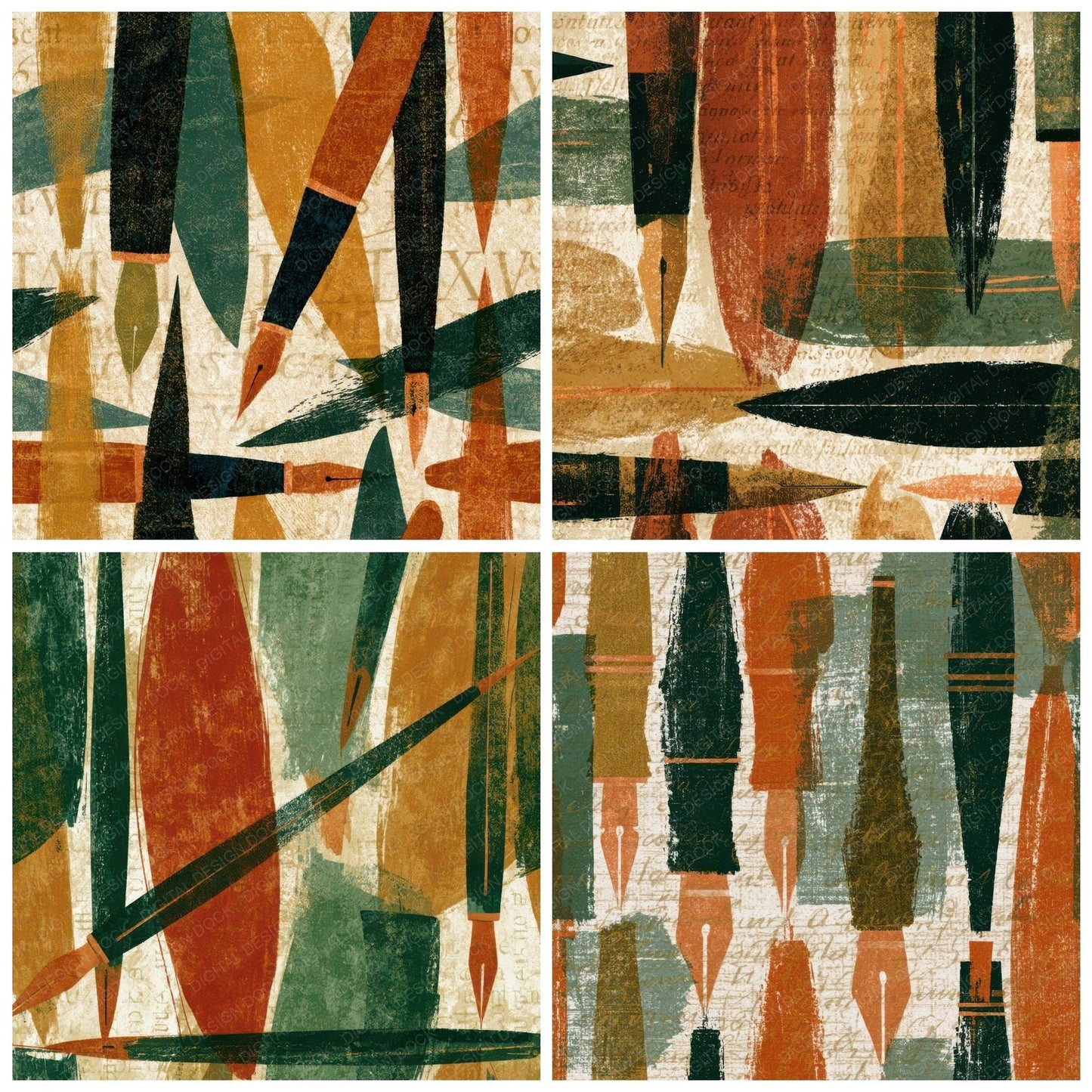 Mid Century Calligraphy Pens Tobacco Sage Digital Paper Pack (DDD013078)