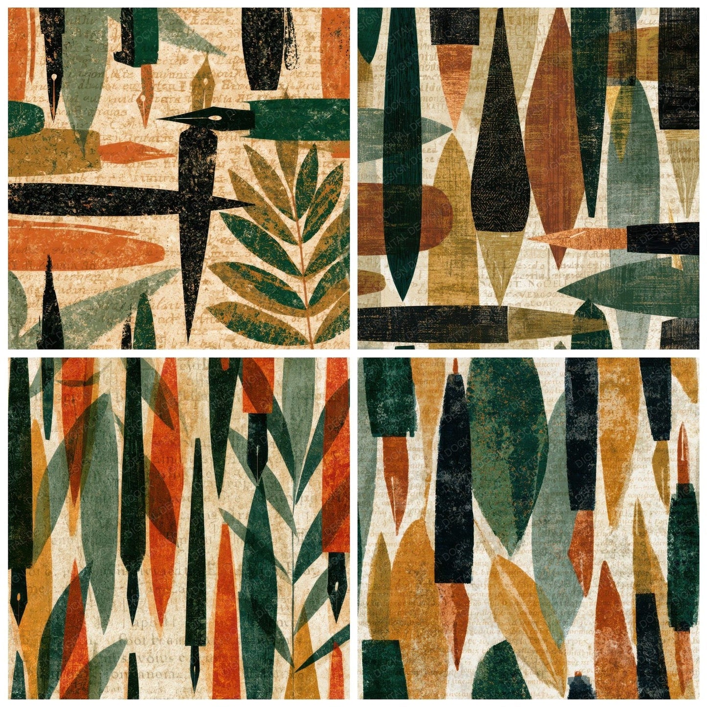 Mid Century Calligraphy Pens Tobacco Sage Digital Paper Pack (DDD013078)