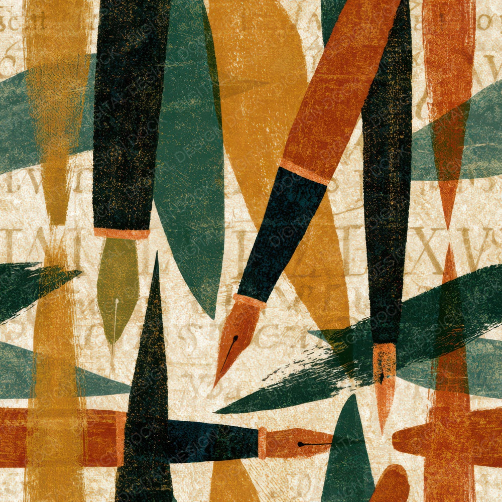 Mid Century Calligraphy Pens Tobacco Sage Digital Paper Pack (DDD013078)