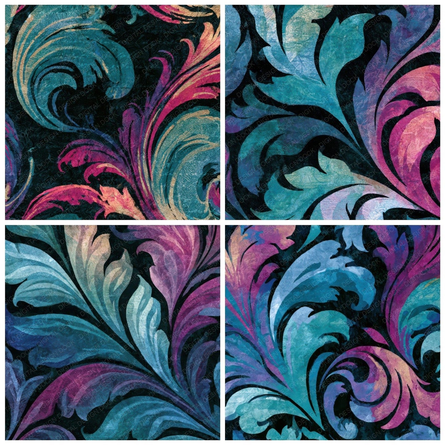 Rococo Teal Magenta Abstract Digital Paper Pack (DDD013081)