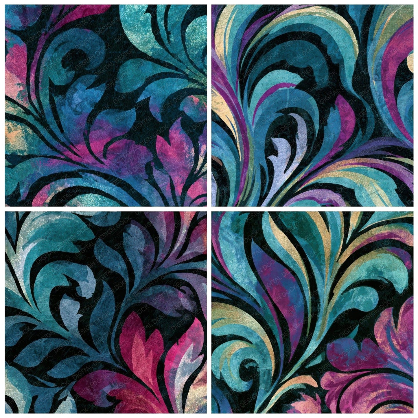 Rococo Teal Magenta Abstract Digital Paper Pack (DDD013081)