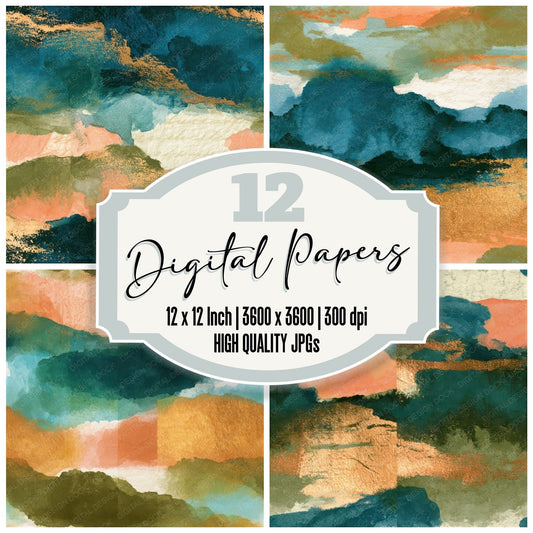 Sumi-e Olive Peach Turquoise Abstract Seamless Digital Paper Pack (DDD013082)