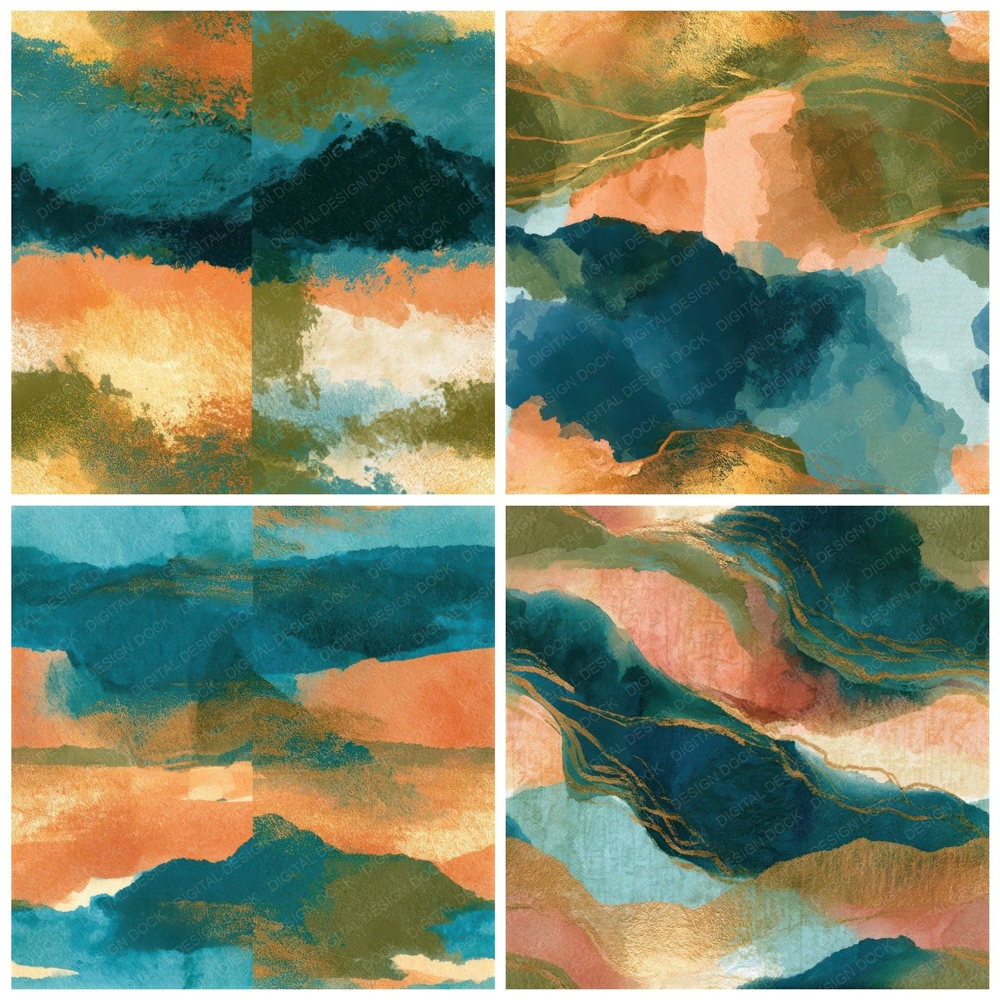 Sumi-e Olive Peach Turquoise Abstract Seamless Digital Paper Pack (DDD013082)