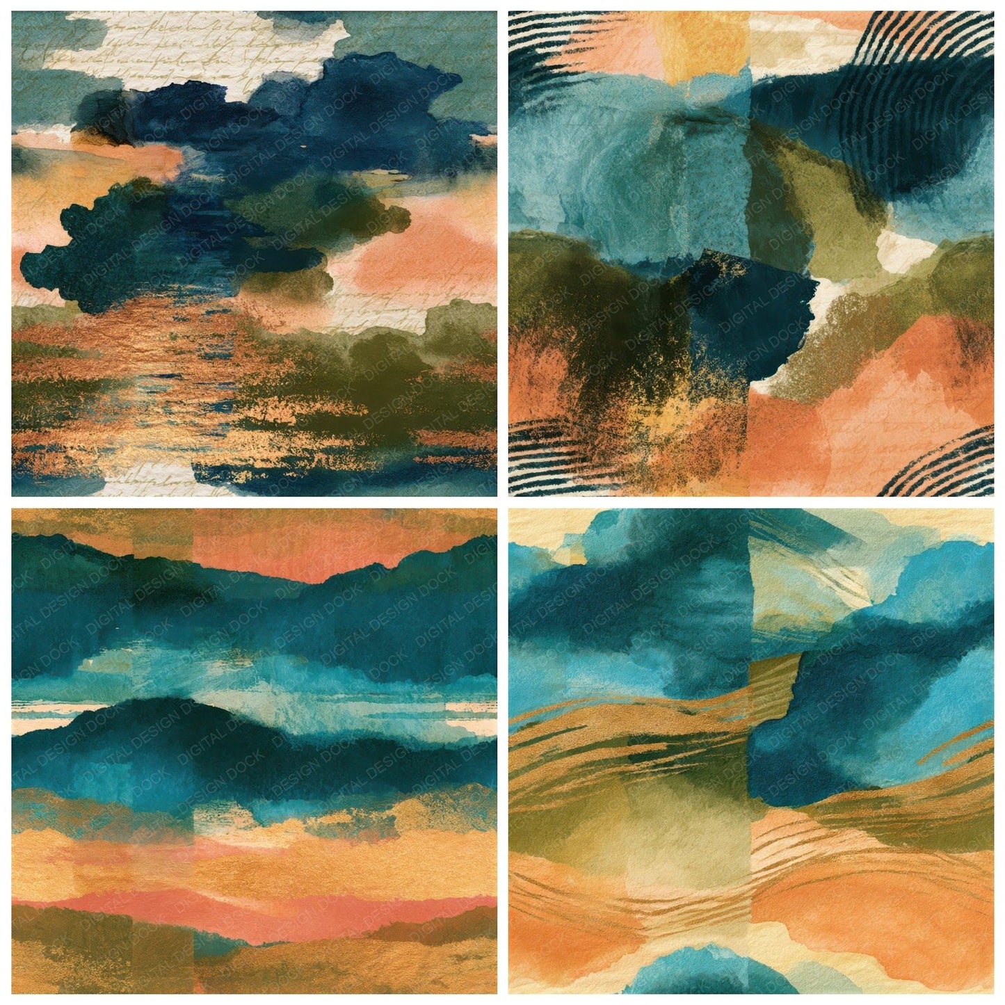 Sumi-e Olive Peach Turquoise Abstract Seamless Digital Paper Pack (DDD013082)
