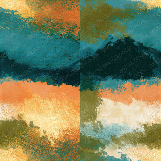 Sumi-e Olive Peach Turquoise Abstract Seamless Digital Paper Pack (DDD013082)