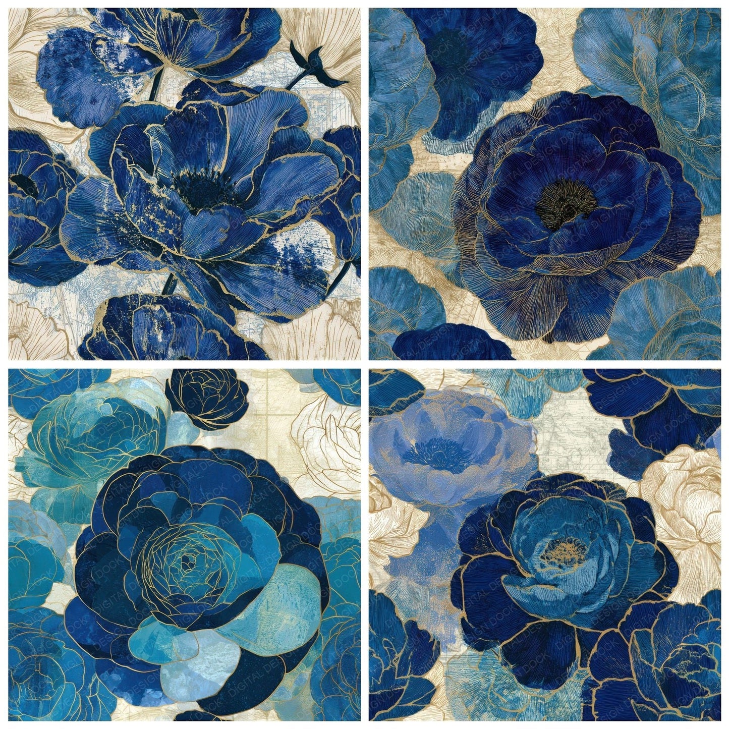 Etching Ranunculus Sapphire Bone Seamless Digital Paper Pack (DDD013085)