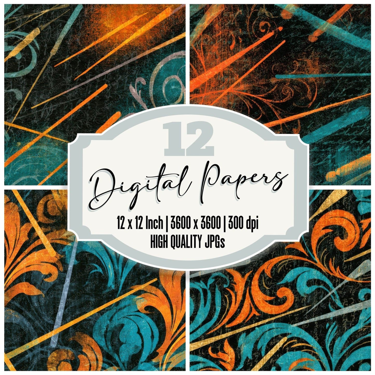 Rococo Conductor Batons Tangerine Turquoise Digital Paper Pack (DDD013094)