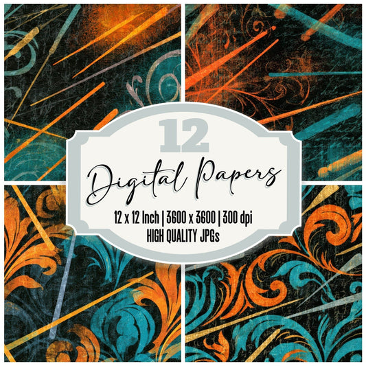 Rococo Conductor Batons Tangerine Turquoise Digital Paper Pack (DDD013094)
