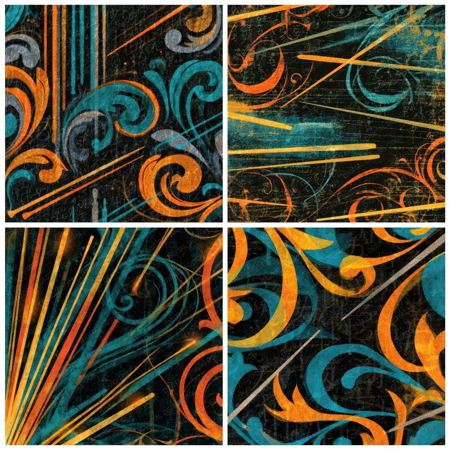 Rococo Conductor Batons Tangerine Turquoise Digital Paper Pack (DDD013094)