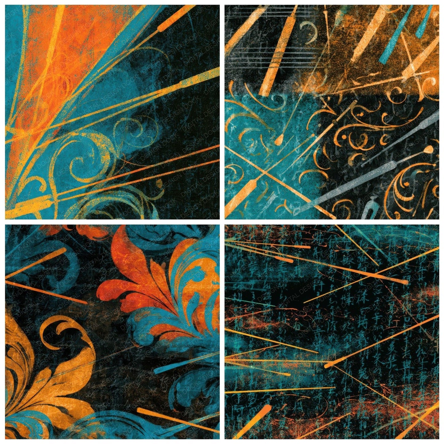 Rococo Conductor Batons Tangerine Turquoise Digital Paper Pack (DDD013094)