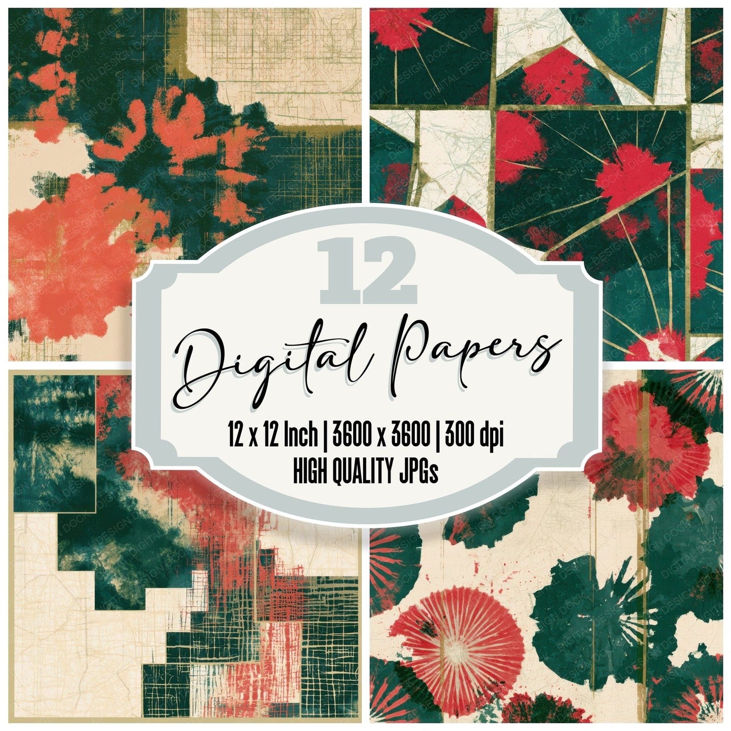 Screenprint Shibori Forest Green Crimson Digital Paper Pack (DDD013096)