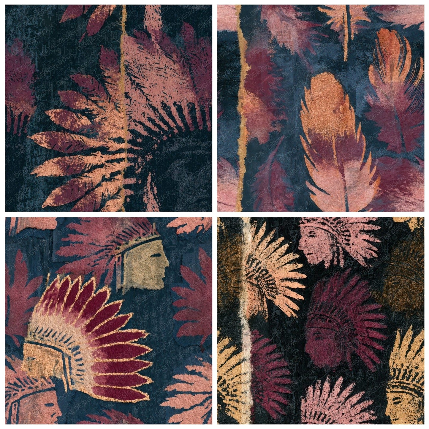Torn Paper Headdresses Blush Burgundy Seamless Digital Paper Pack (DDD013097)