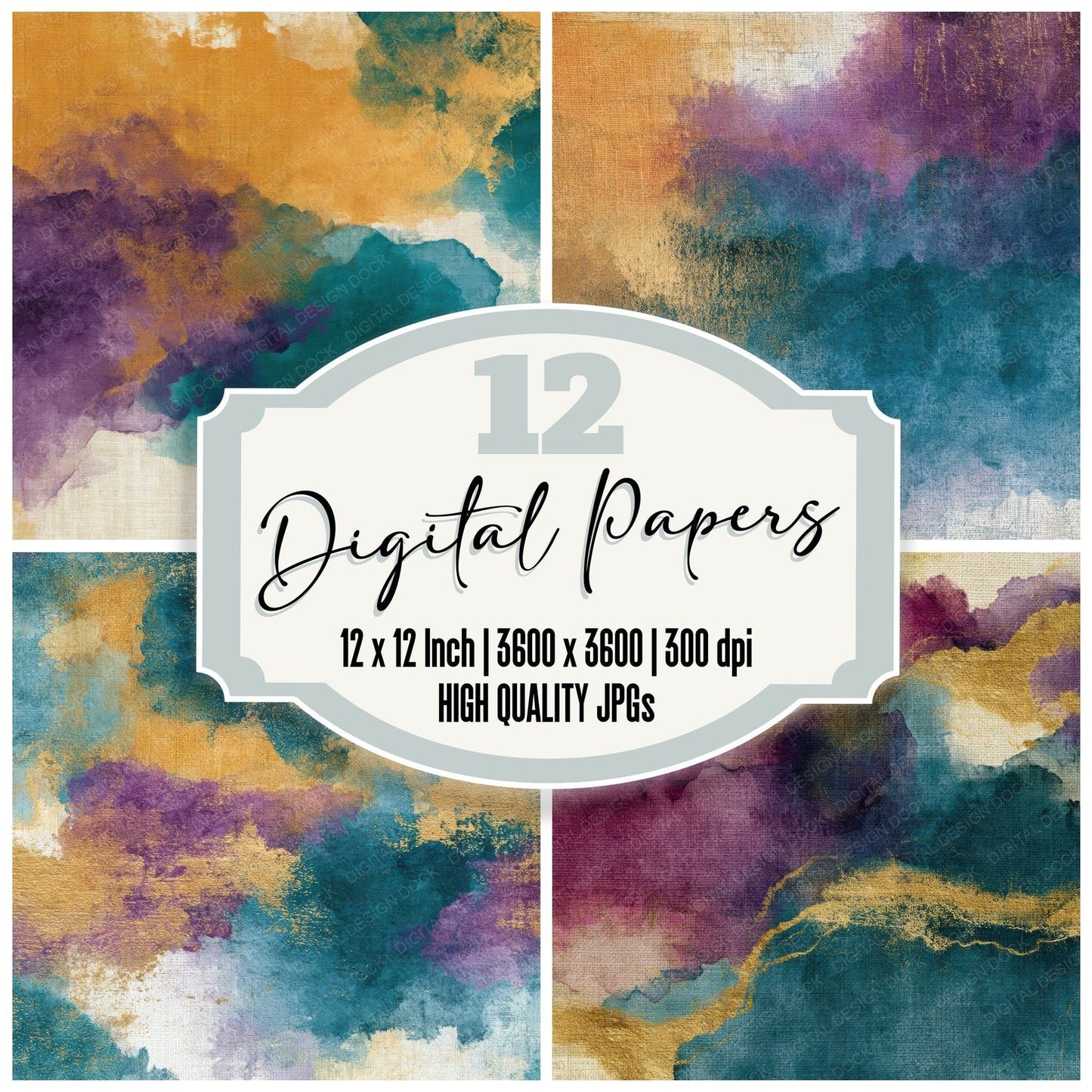 Watercolour Ochre Plum Teal Abstract Digital Paper Pack (DDD013098)