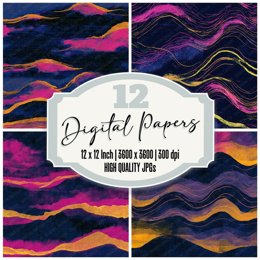 Watercolour Wave Forms Hot Pink Navy Digital Paper Pack (DDD013099)