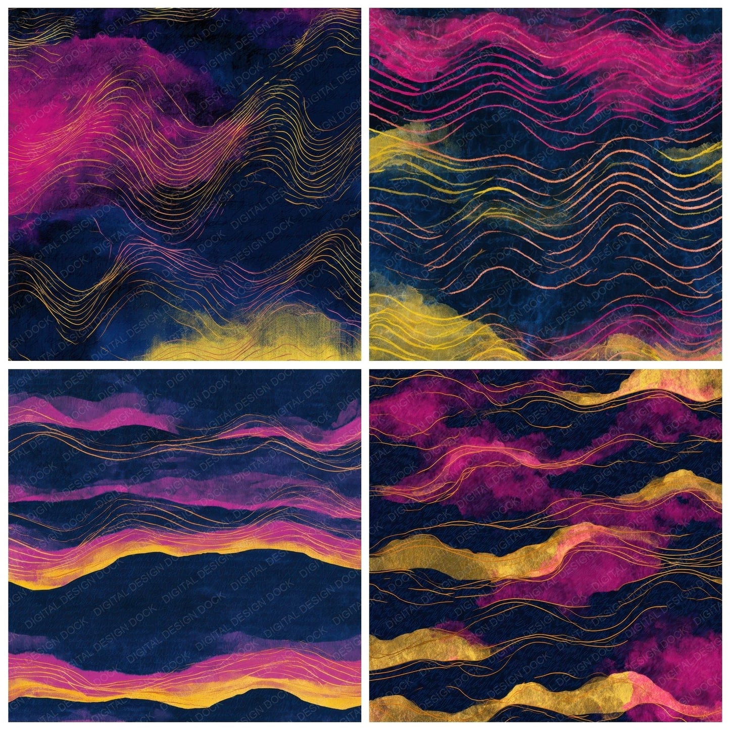 Watercolour Wave Forms Hot Pink Navy Digital Paper Pack (DDD013099)