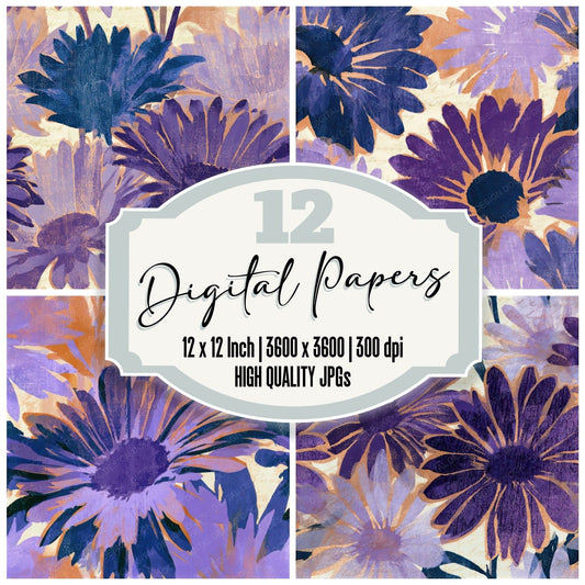 Woodcut Daisy Amethyst Seamless Digital Paper Pack (DDD013101)