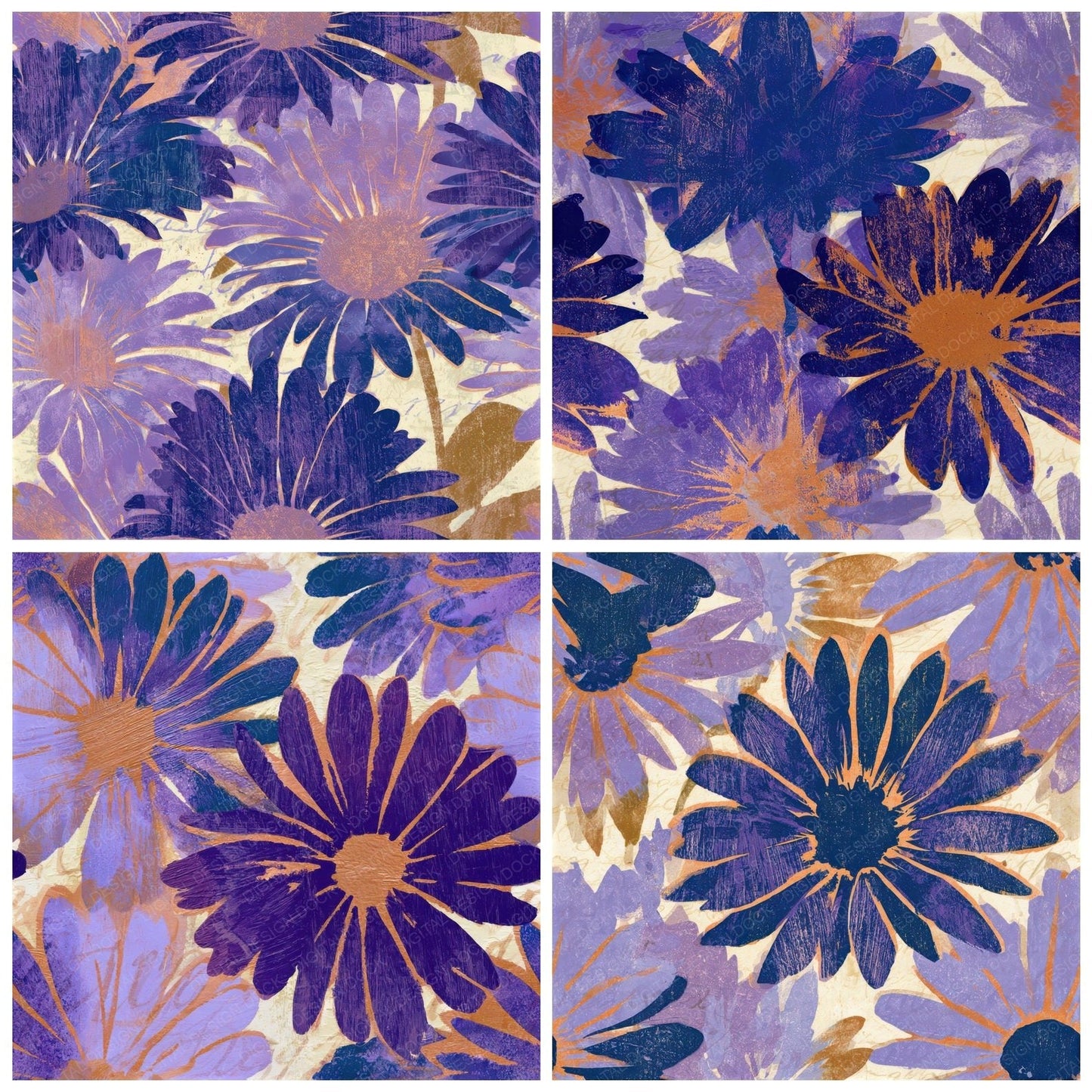 Woodcut Daisy Amethyst Seamless Digital Paper Pack (DDD013101)
