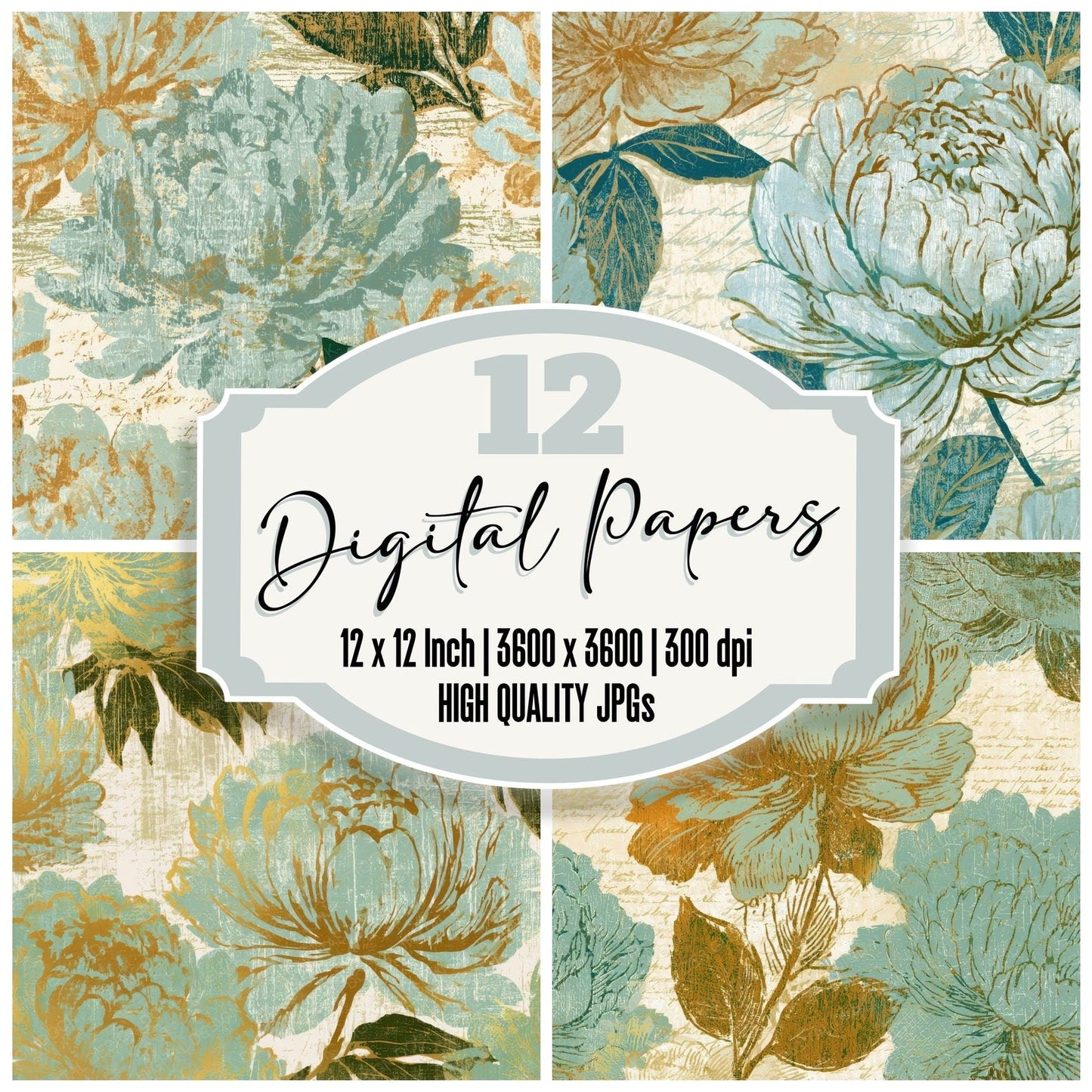 Woodcut Peonies Mint Gold Digital Paper Pack (DDD013102)