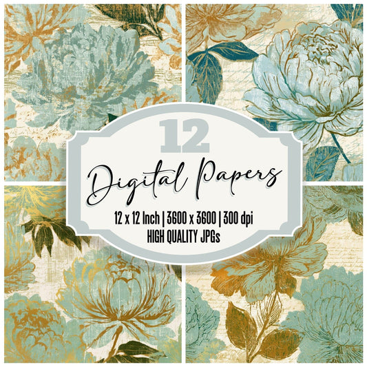 Woodcut Peonies Mint Gold Digital Paper Pack (DDD013102)