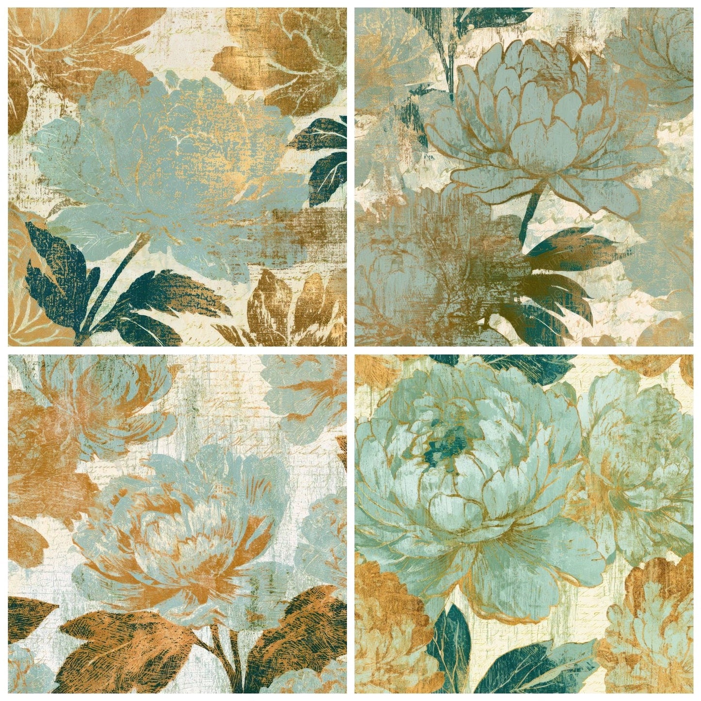 Woodcut Peonies Mint Gold Digital Paper Pack (DDD013102)