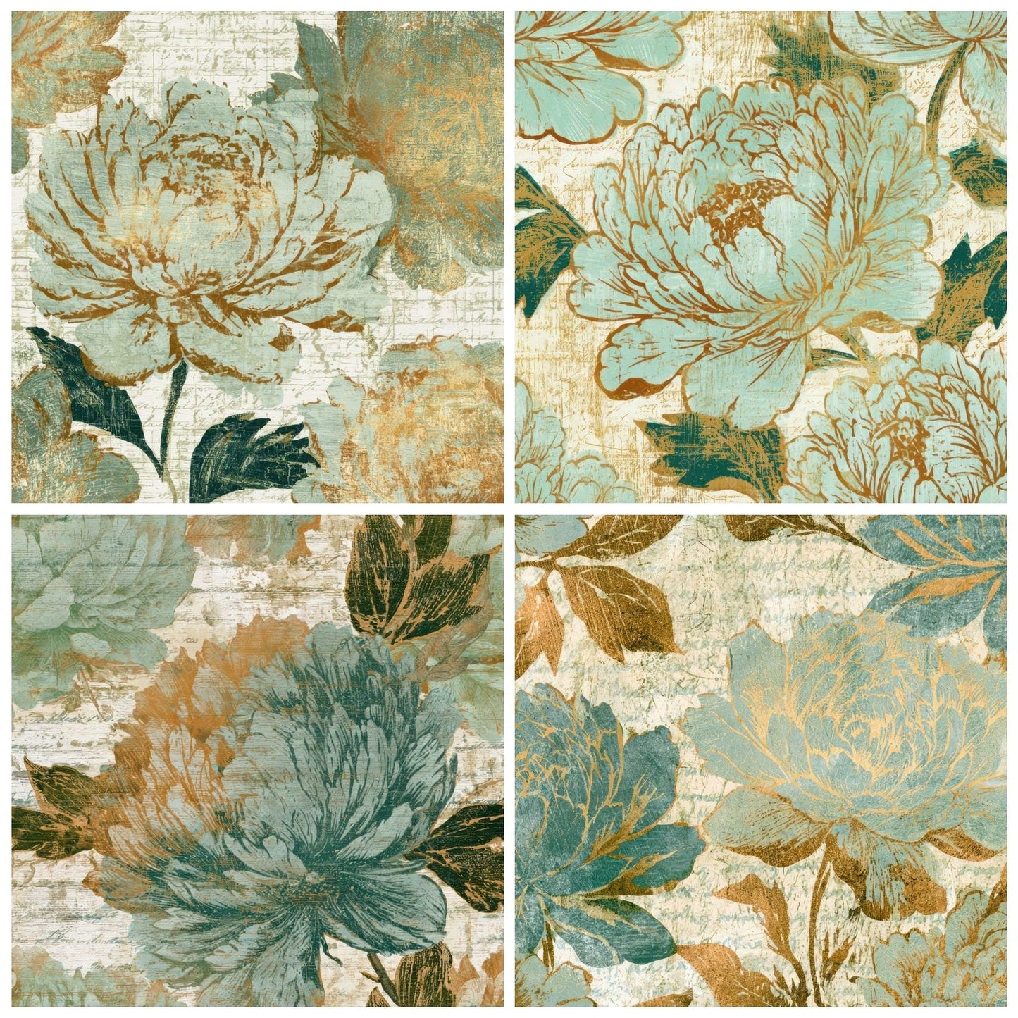 Woodcut Peonies Mint Gold Digital Paper Pack (DDD013102)