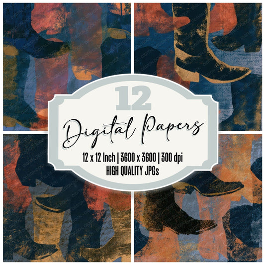 Cyanotype Western Boots Jet Rose Digital Paper Pack (DDD013109)