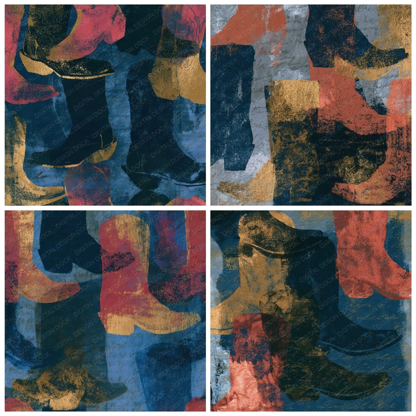 Cyanotype Western Boots Jet Rose Digital Paper Pack (DDD013109)