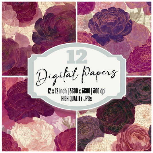 Etching Ranunculus Raspberry Plum Digital Paper Pack (DDD013113)
