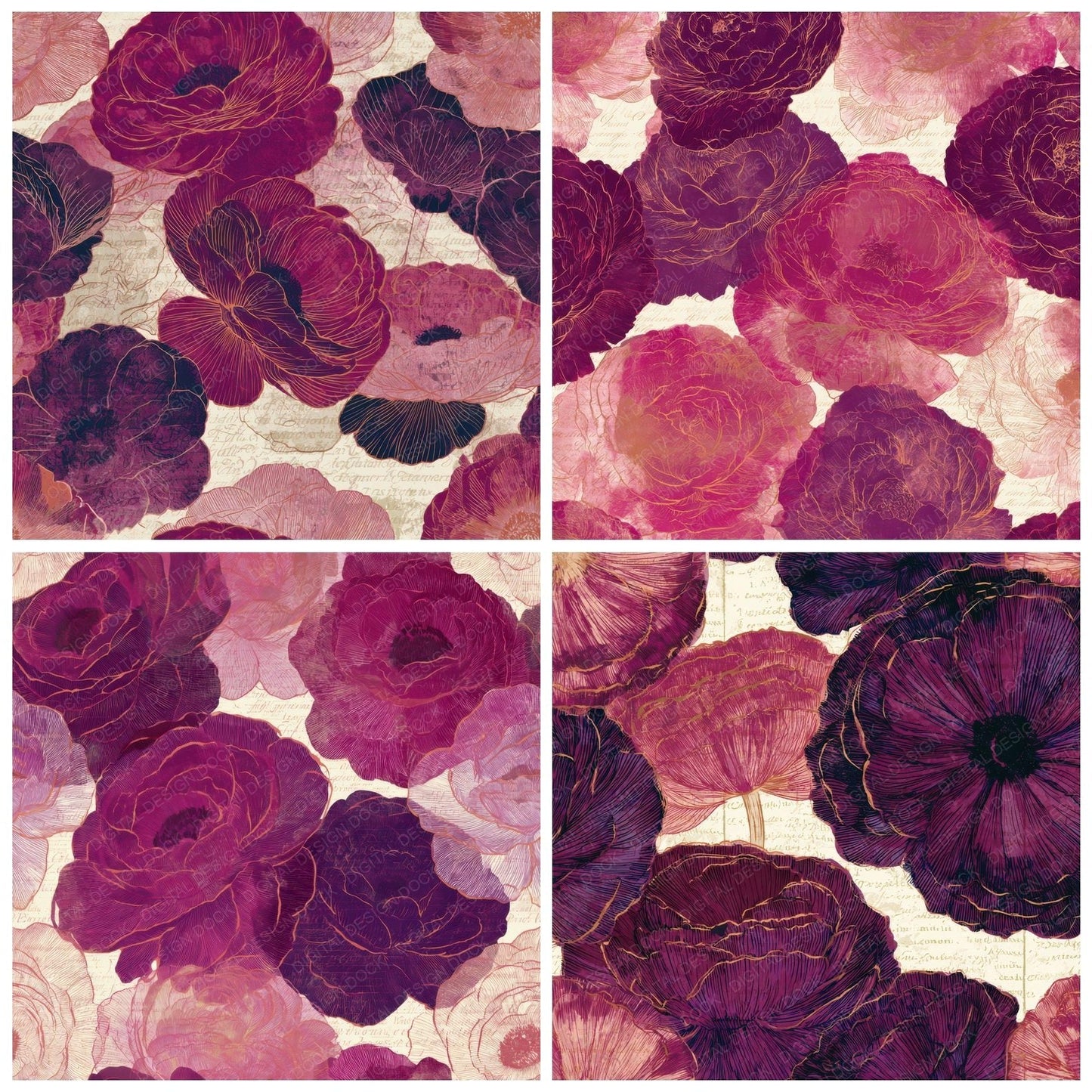 Etching Ranunculus Raspberry Plum Digital Paper Pack (DDD013113)