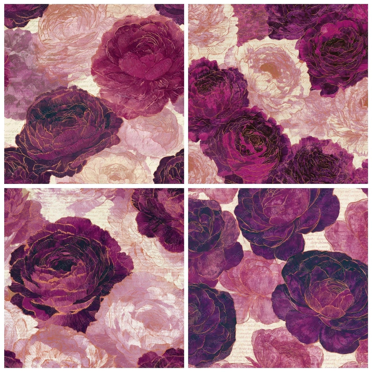 Etching Ranunculus Raspberry Plum Digital Paper Pack (DDD013113)