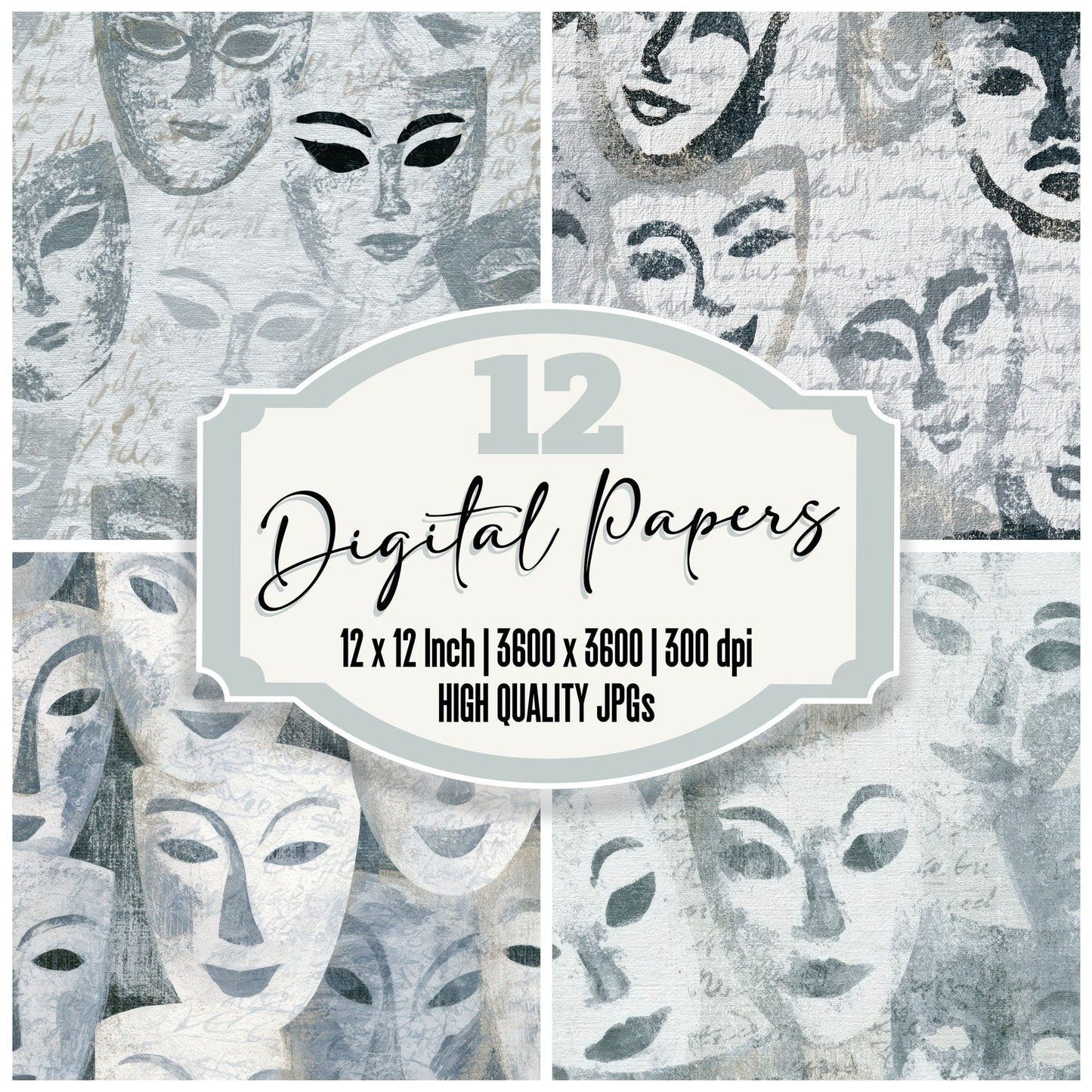 Folk Art Opera Masks Silver Digital Paper Pack (DDD013114)