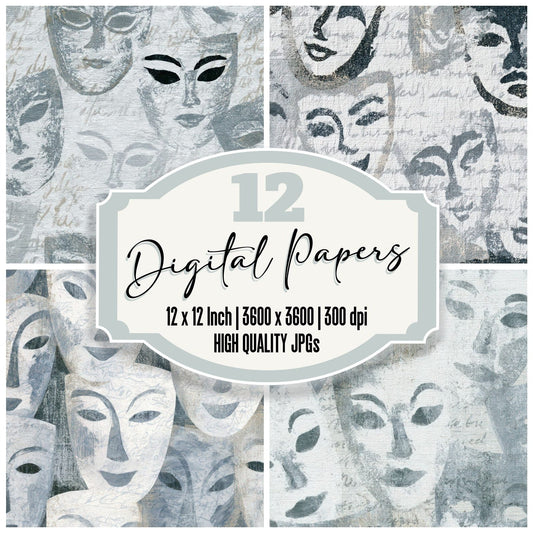 Folk Art Opera Masks Silver Digital Paper Pack (DDD013114)