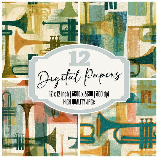 Mid Century Trumpets Sage Primrose Seamless Digital Paper Pack (DDD013116)