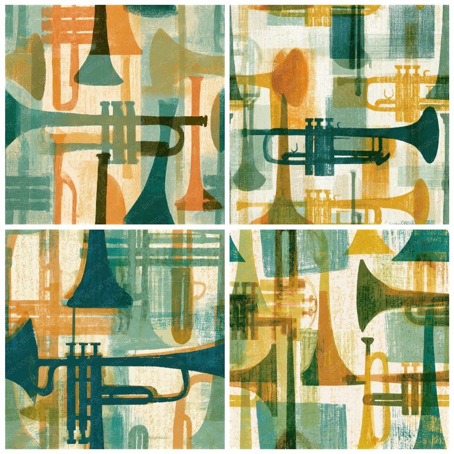 Mid Century Trumpets Sage Primrose Seamless Digital Paper Pack (DDD013116)
