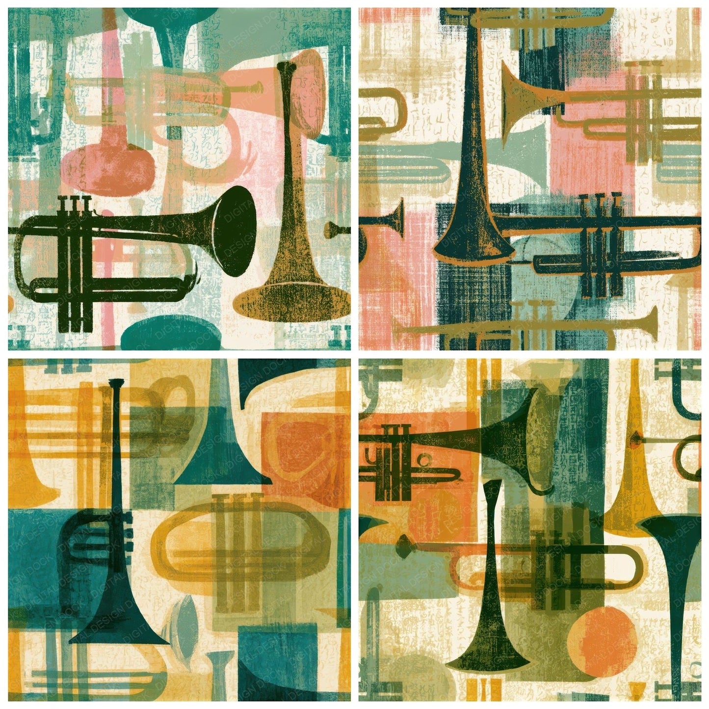Mid Century Trumpets Sage Primrose Seamless Digital Paper Pack (DDD013116)