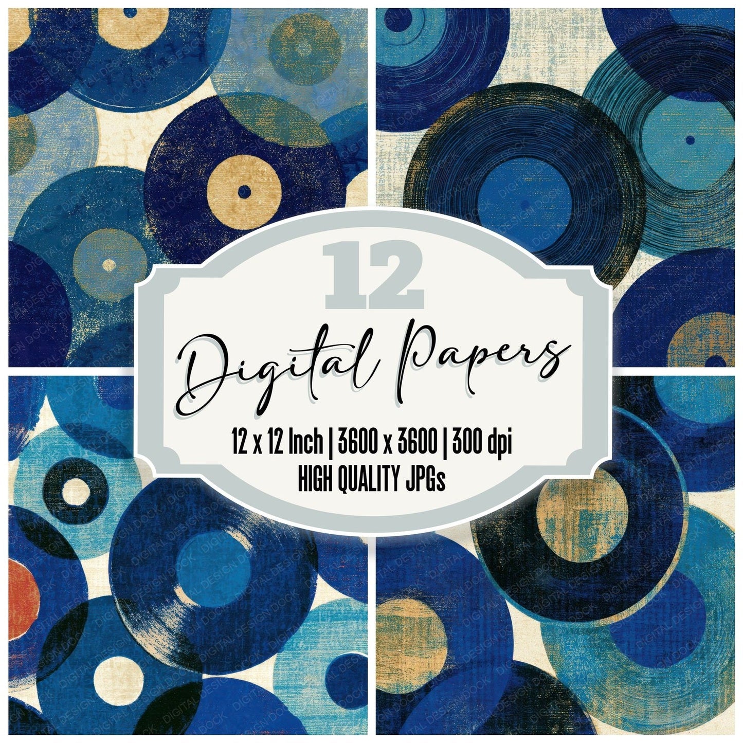 Risograph Vinyl Records Denim Navy Digital Paper Pack (DDD013117)