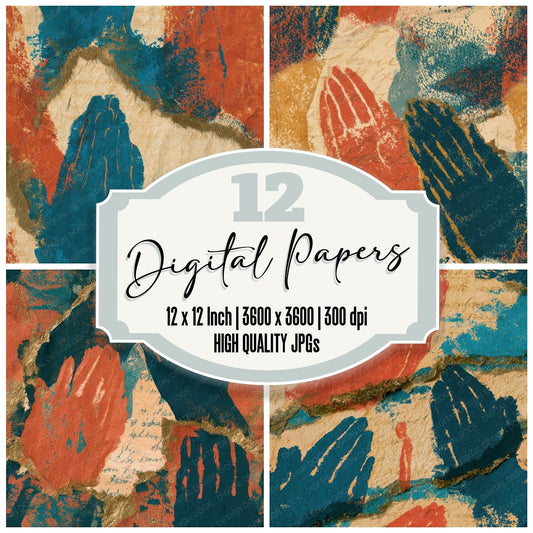 Torn Paper Praying Hands Coral Turquoise Seamless Digital Paper Pack (DDD013120)