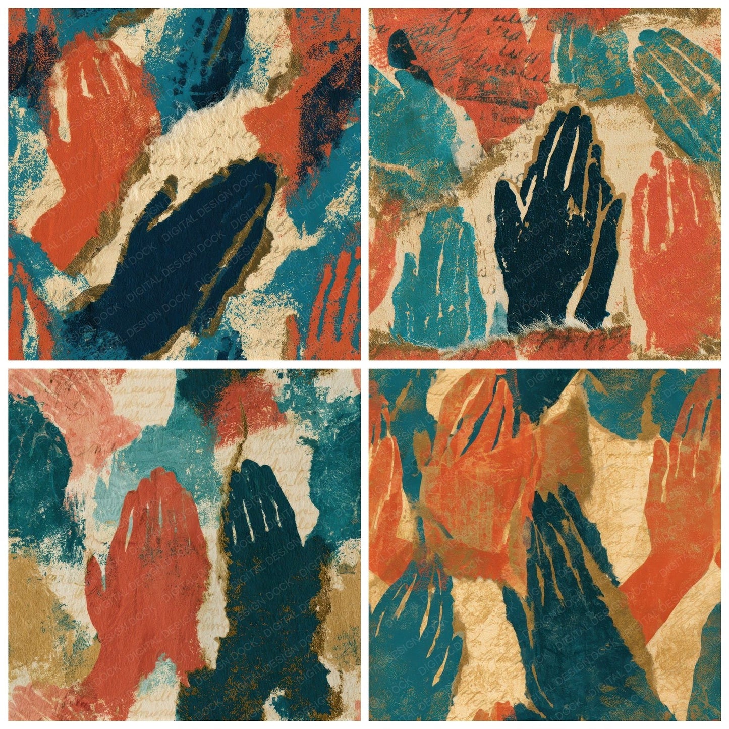 Torn Paper Praying Hands Coral Turquoise Seamless Digital Paper Pack (DDD013120)