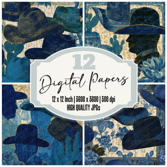 Victorian Cowboy Hat Cactus Denim Digital Paper Pack (DDD013121)