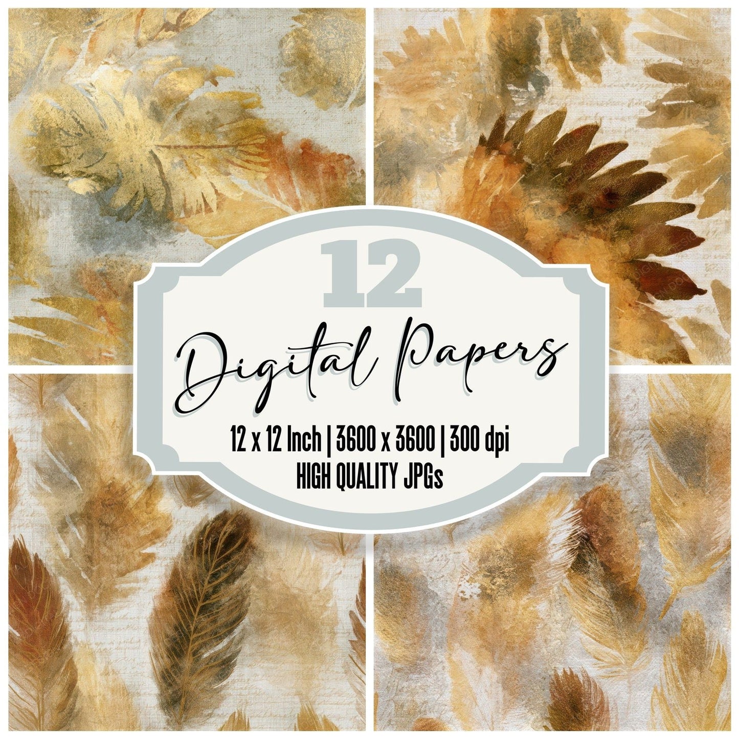 Watercolour Feathered Headdresses Wheat Gold Seamless Digital Paper Pack (DDD013122)