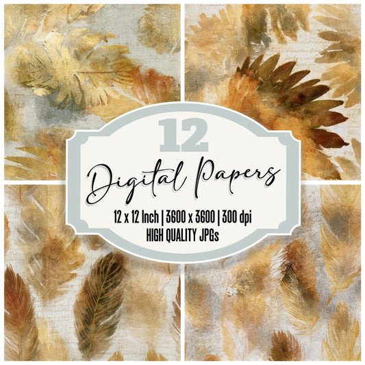Watercolour Feathered Headdresses Wheat Gold Seamless Digital Paper Pack (DDD013122)