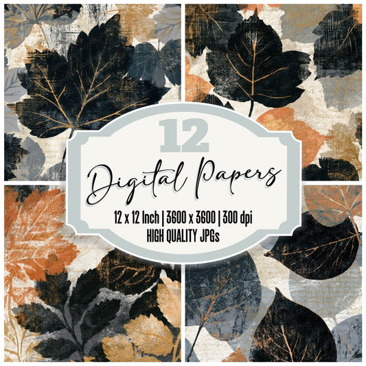 Woodblock Autumn Leaves Bone Digital Paper Pack (DDD013123)