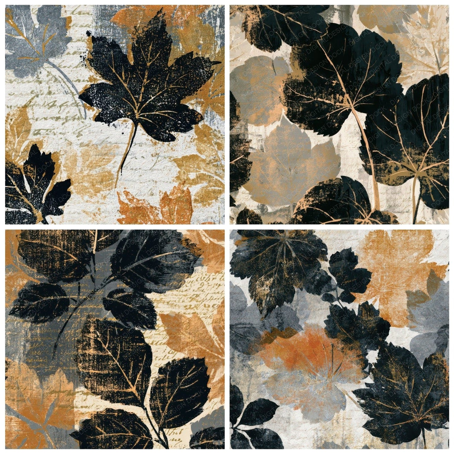 Woodblock Autumn Leaves Bone Digital Paper Pack (DDD013123)
