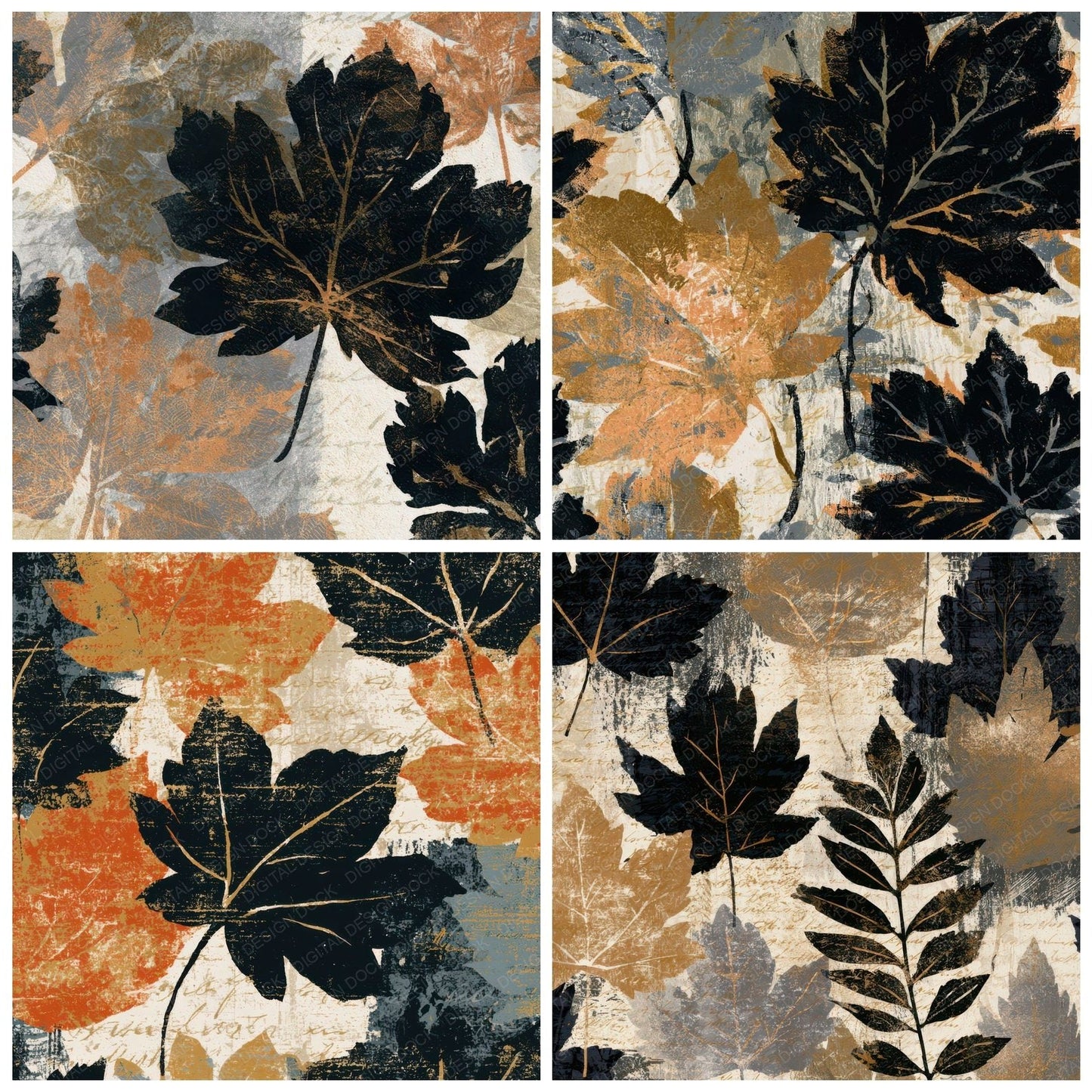Woodblock Autumn Leaves Bone Digital Paper Pack (DDD013123)