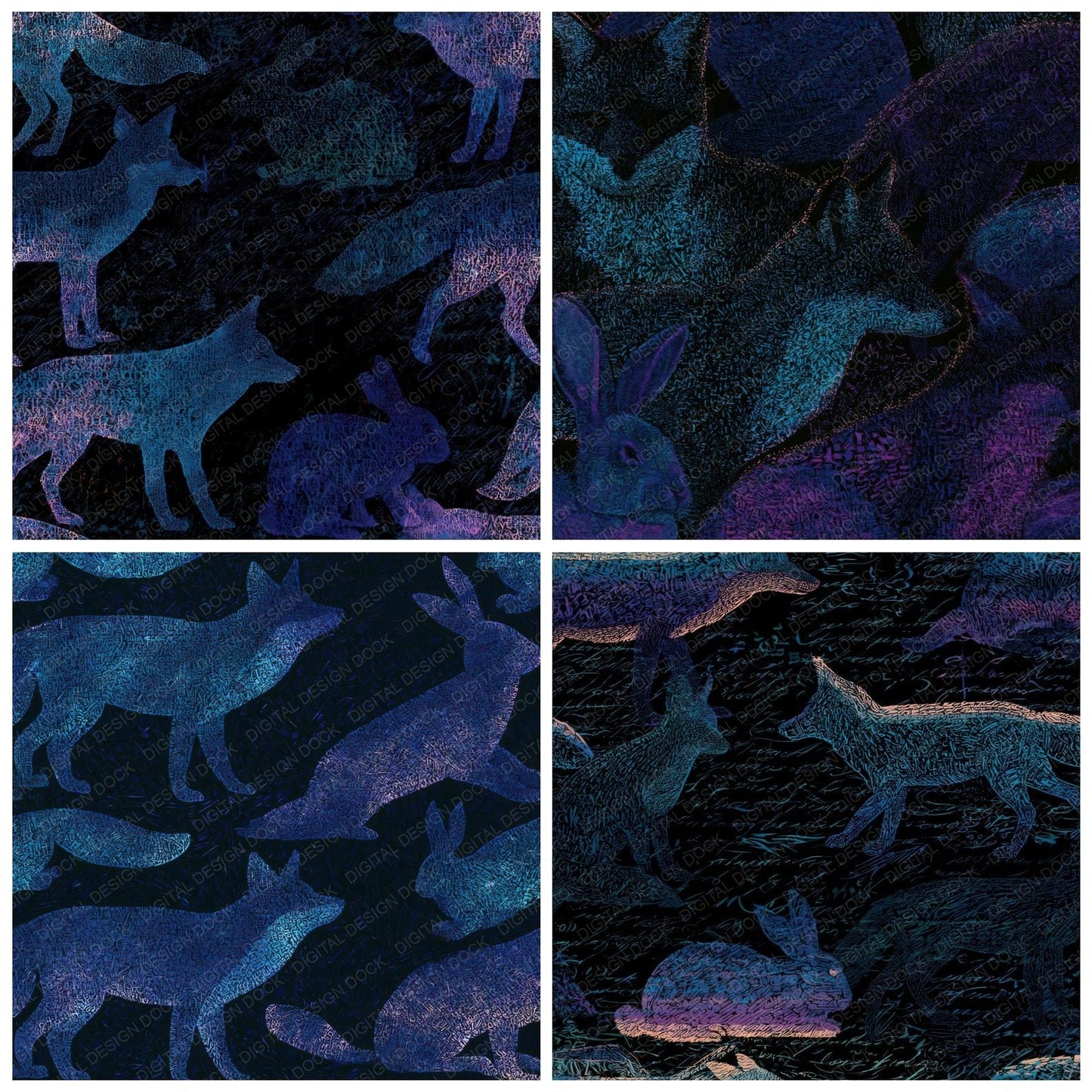ASCII Fox Rabbit Cyan Violet Digital Paper Pack (DDD013126)