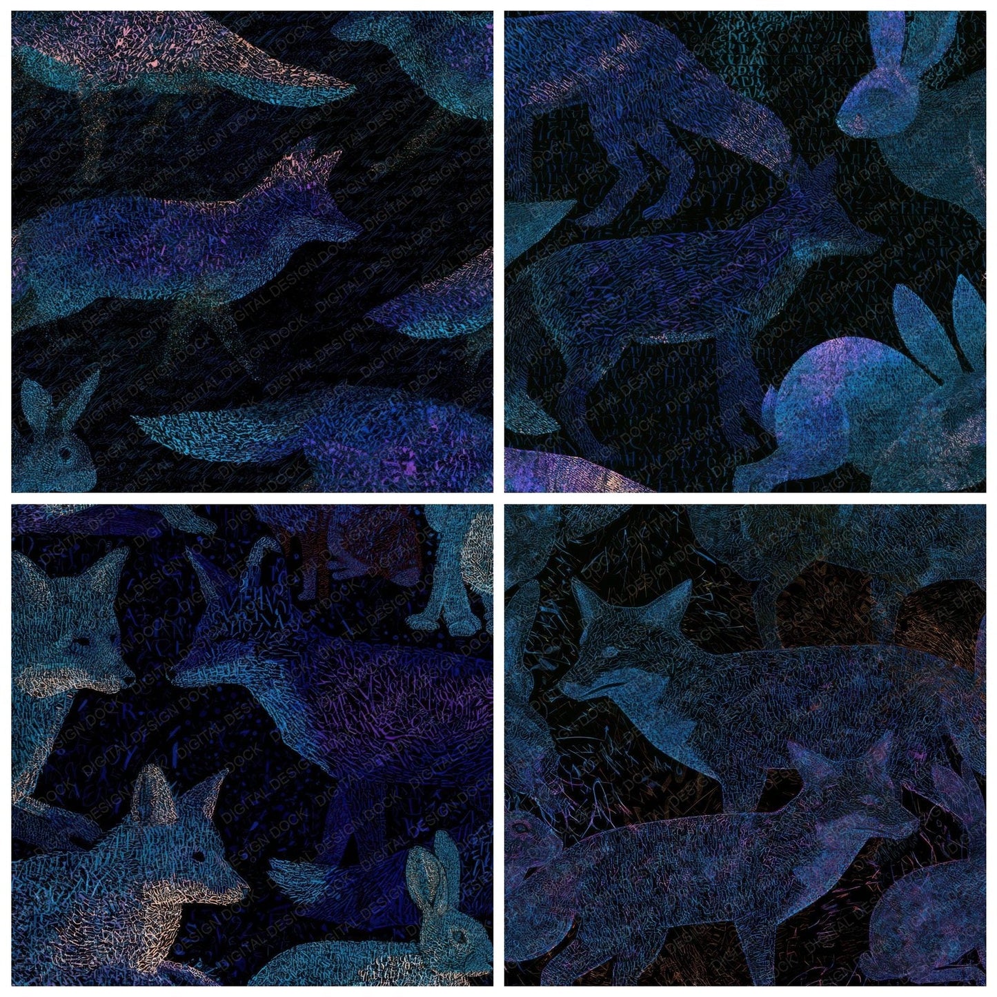 ASCII Fox Rabbit Cyan Violet Digital Paper Pack (DDD013126)