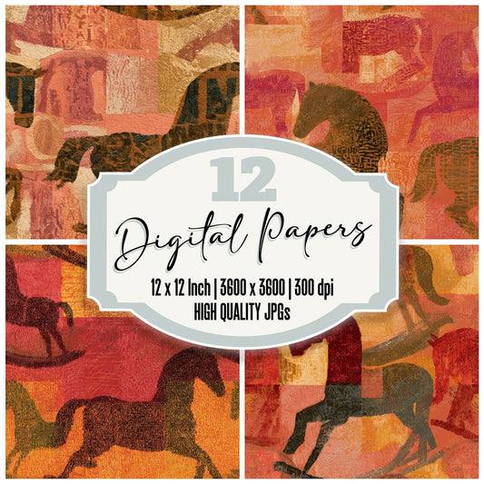ASCII Rocking Horses Coral Gold Seamless Digital Paper Pack (DDD013130)